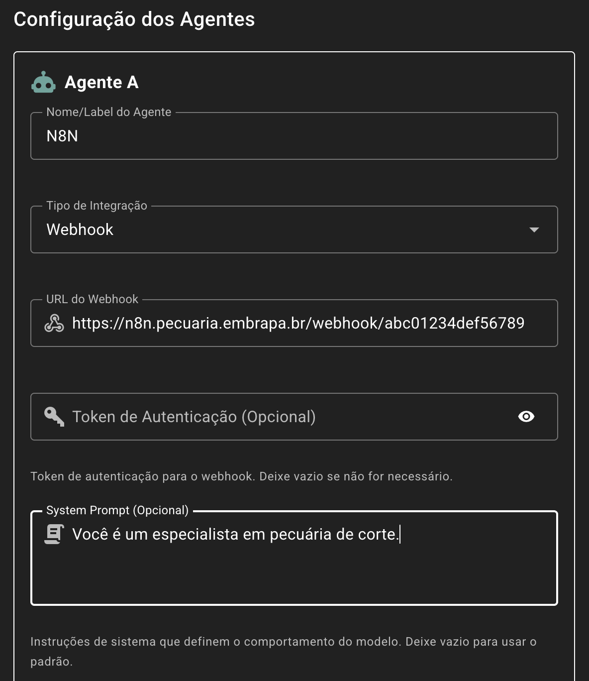 Agente A configurado com integração via Webhook.