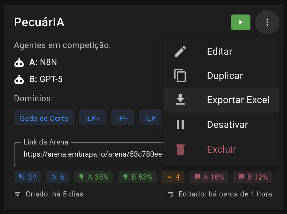 Menu de contexto do card e exportação da planilha Excel.