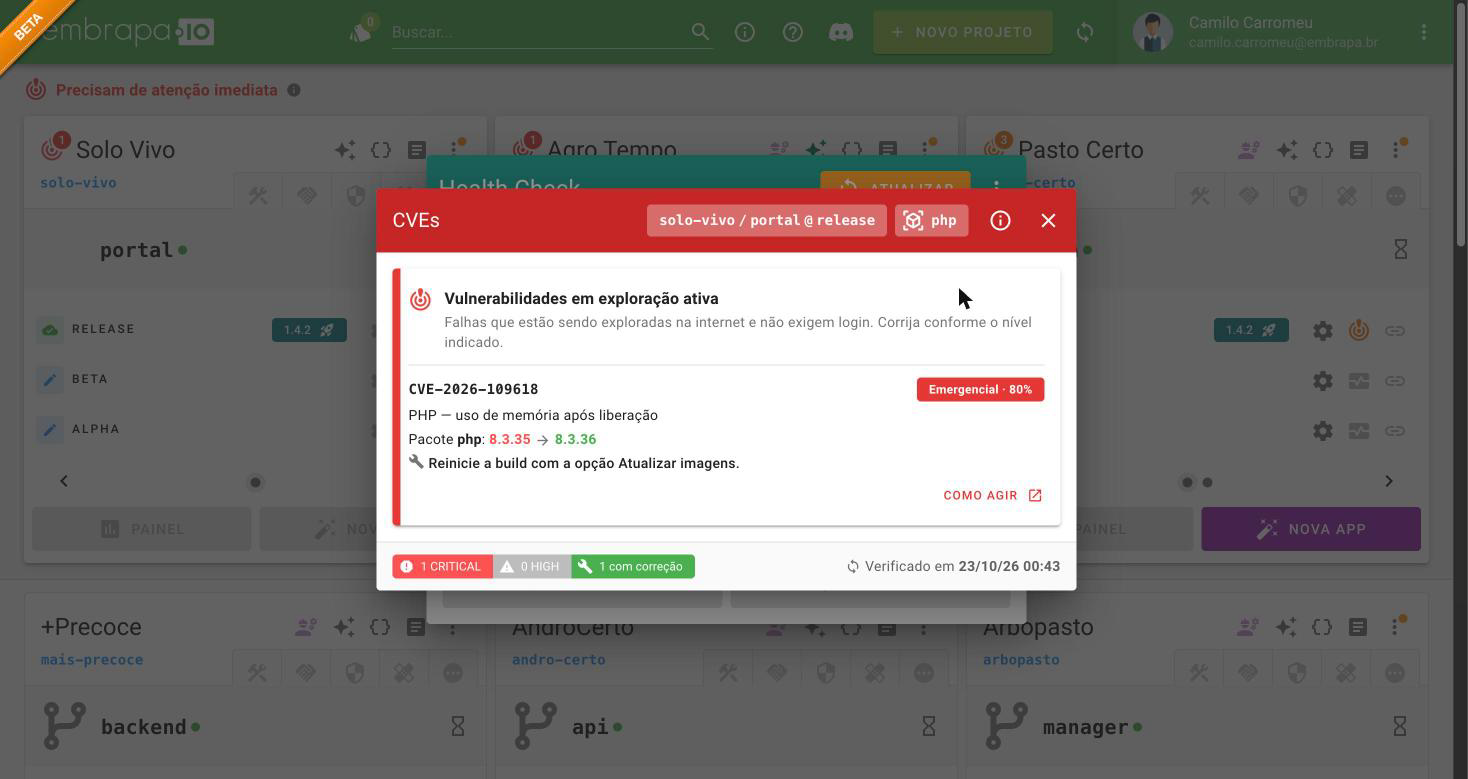 Diálogo de vulnerabilidades com a caixa "Vulnerabilidades em exploração ativa" no topo