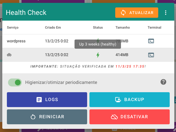 Dialog de monitoramento e gestão da instância