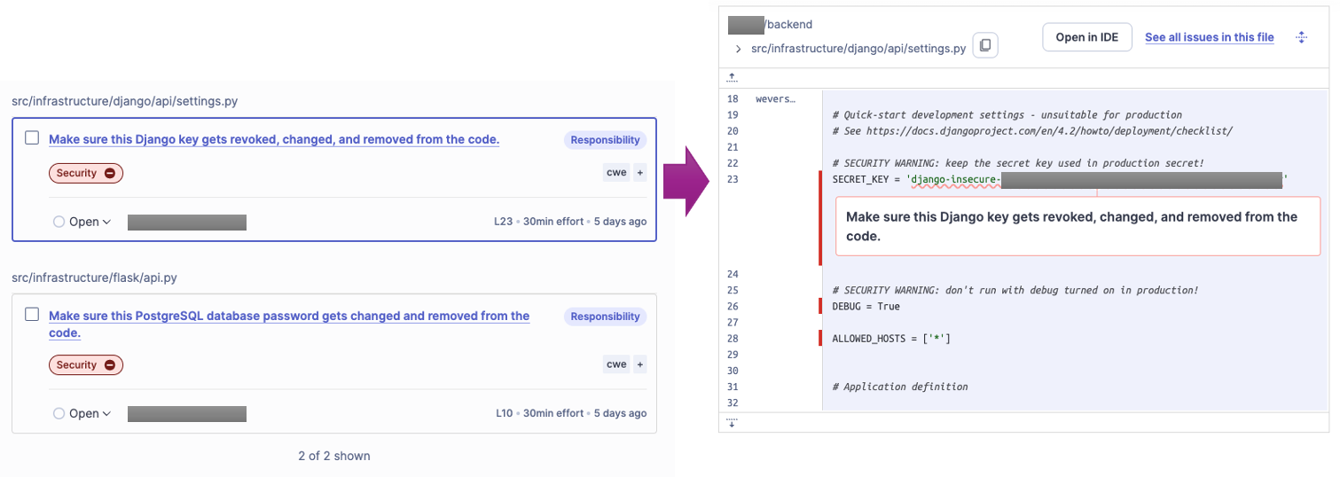 Visualização dos detalhes de uma issue no SonarQube