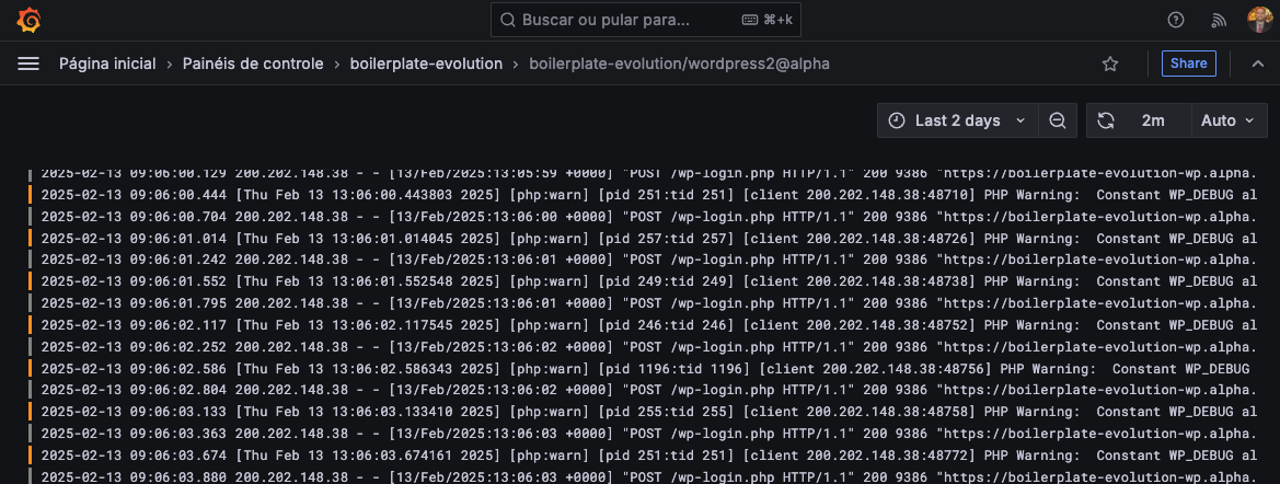 Logs sendo mostrados na dashboard do Grafana