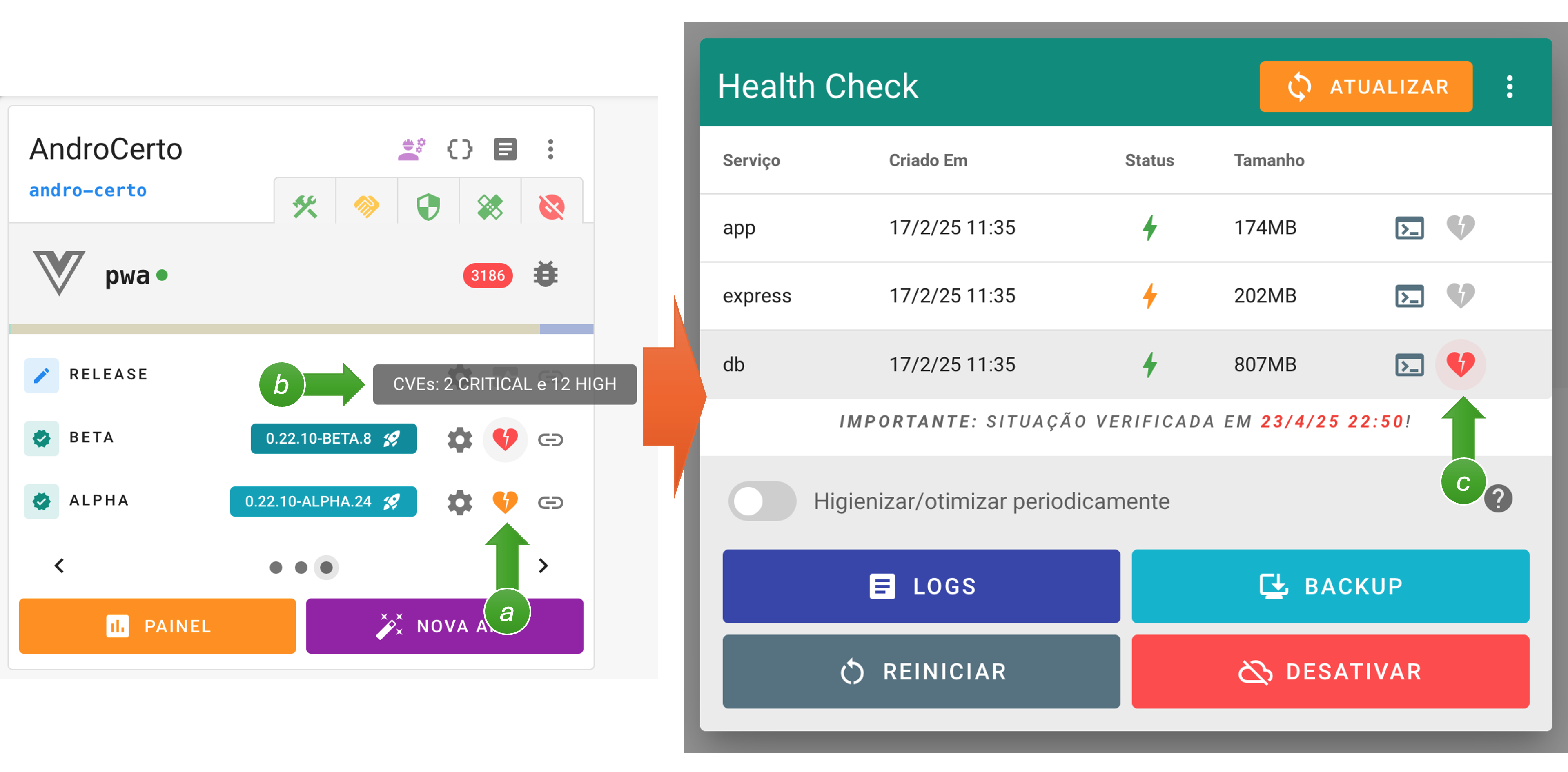 Alerta de CVEs no card do projeto