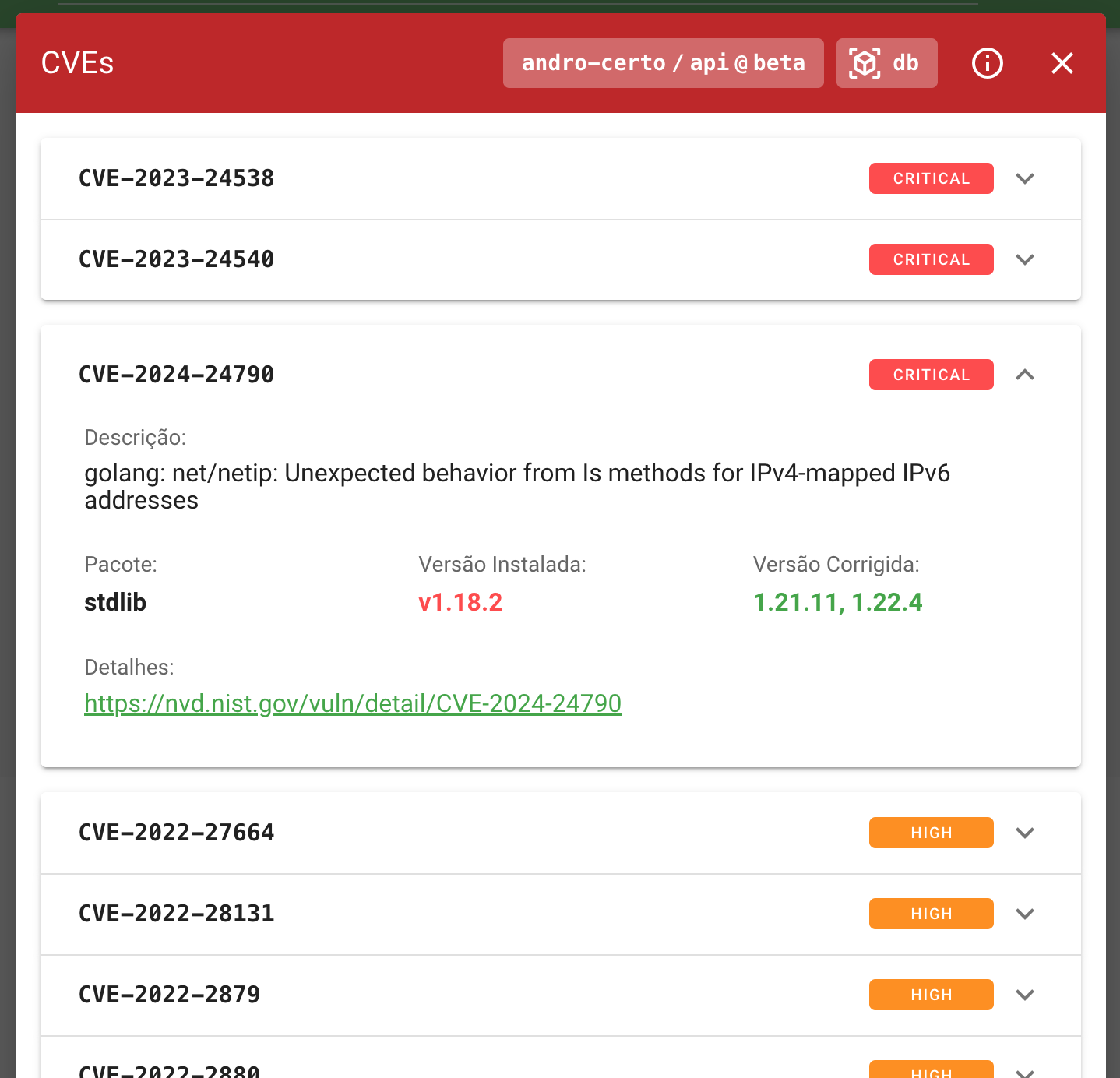 Lista de vulnerabilidades identificadas na imagem do container
