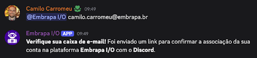 Solicitando a vinculação de perfis do Embrapa I/O com o Discord.
