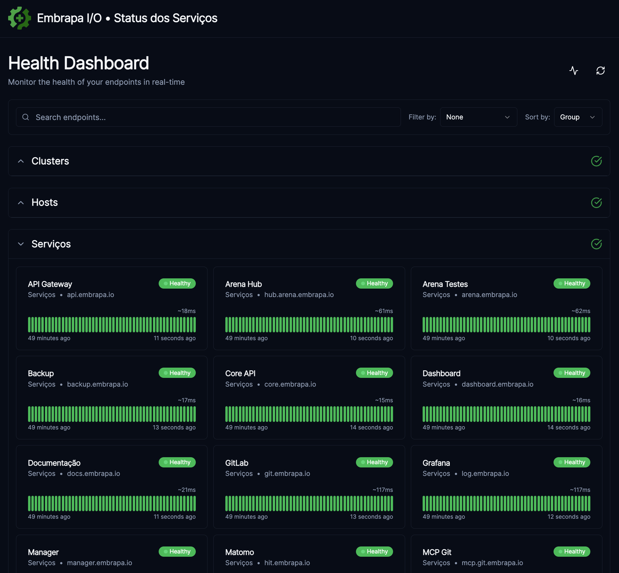 Página de status do Embrapa I/O - status.embrapa.io
