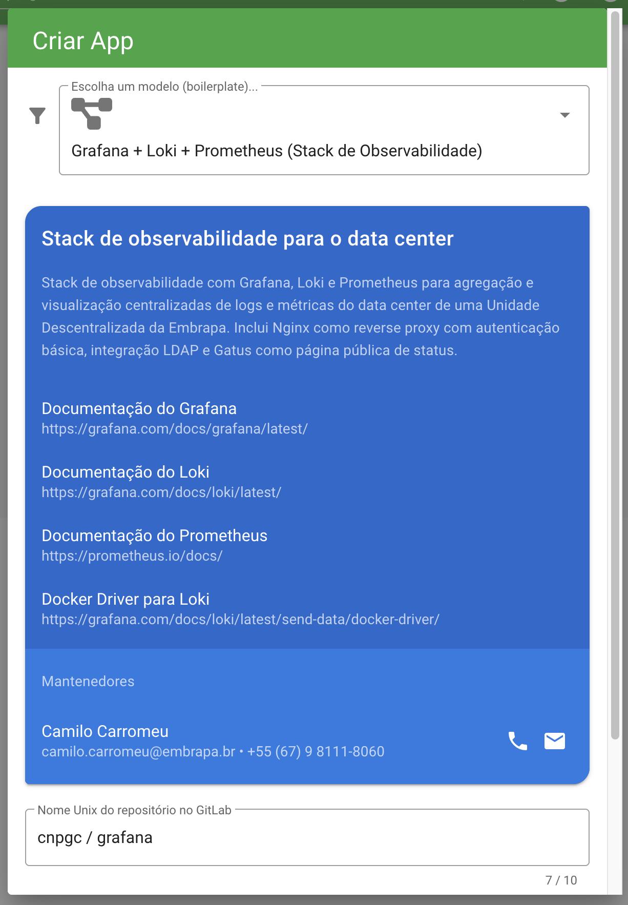Criando o app da stack de observabilidade a partir do boilerplate, no dashboard.embrapa.io.