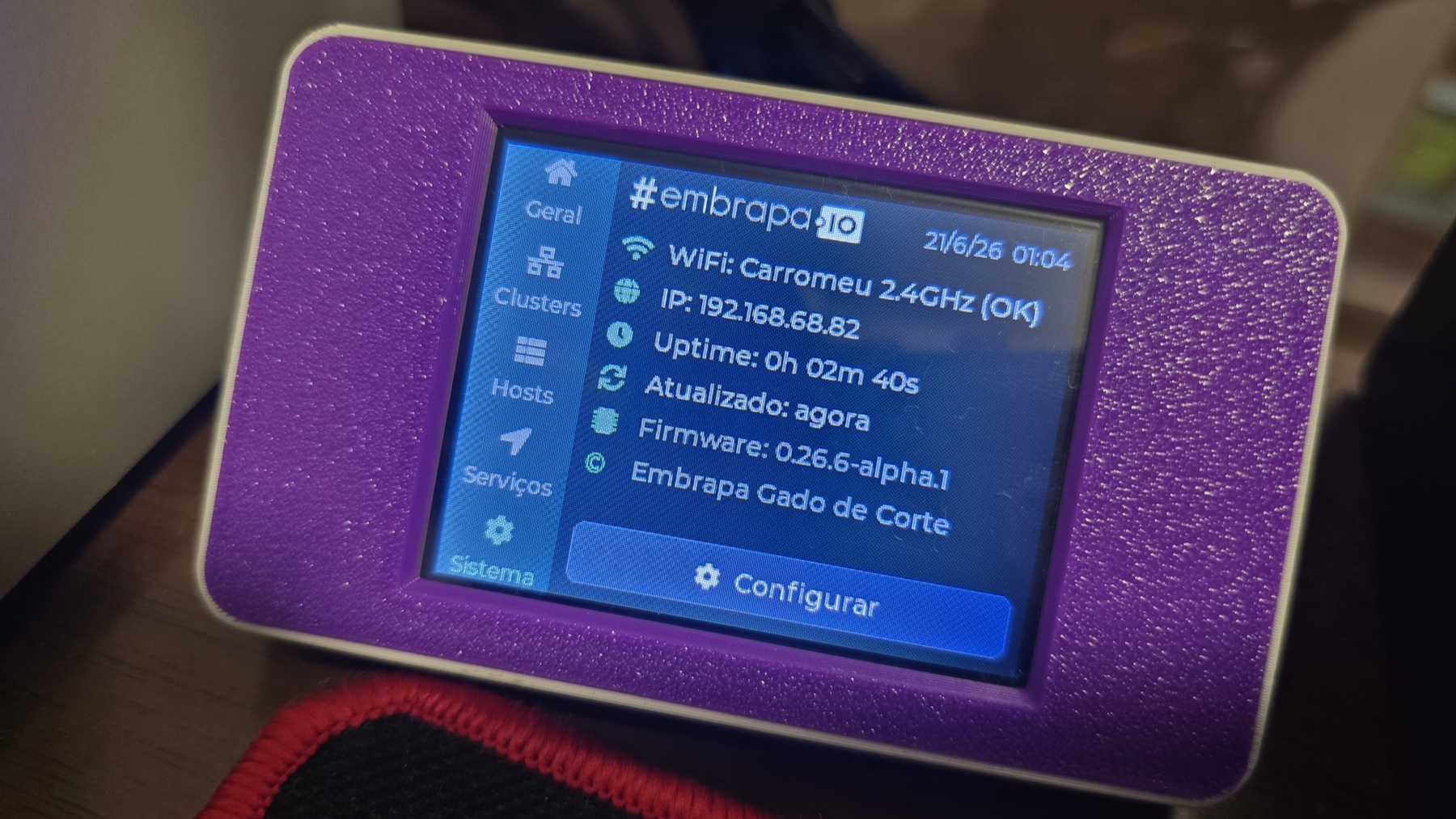 Tela de sistema: rede, atualização e configuração do dispositivo.