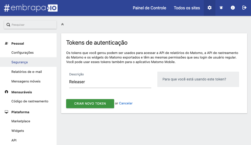 Tokens de autenticação no Matomo