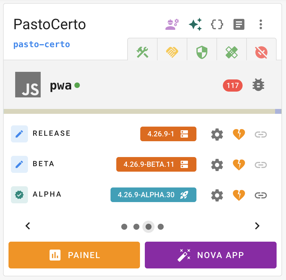 Card com os estágios release e beta vindos do Releaser e o alpha na plataforma
