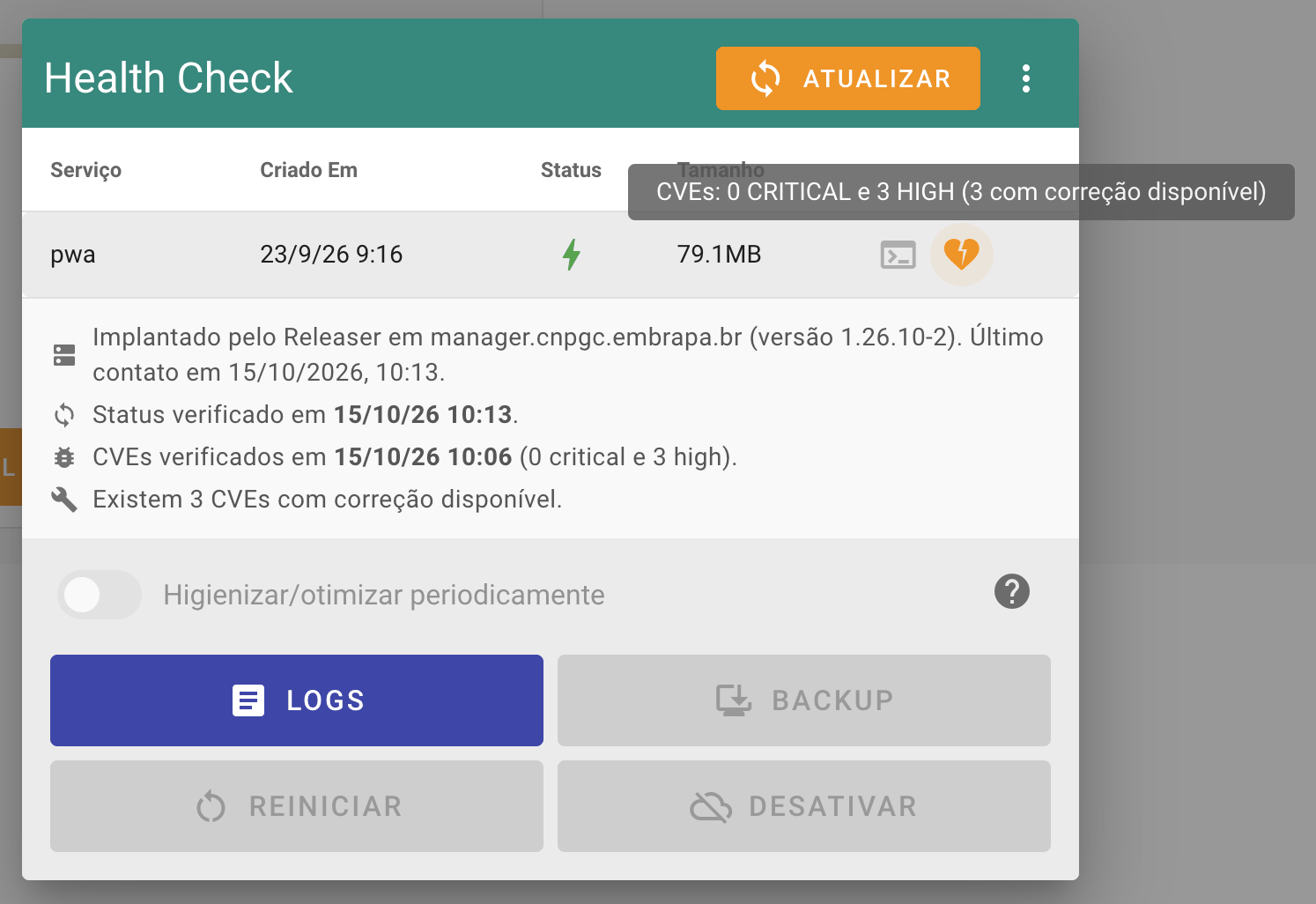 Health Check de uma build implantada pelo Releaser