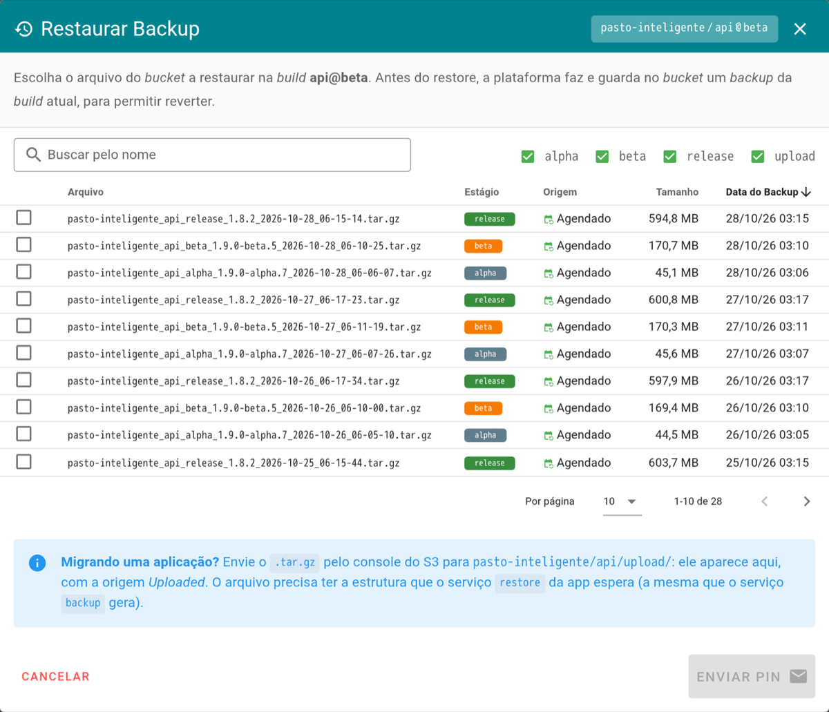 Lista de arquivos do bucket da app, dos três estágios e da pasta upload
