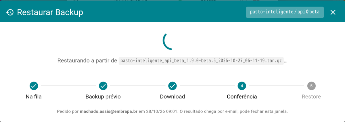 Andamento do restore na etapa de conferência