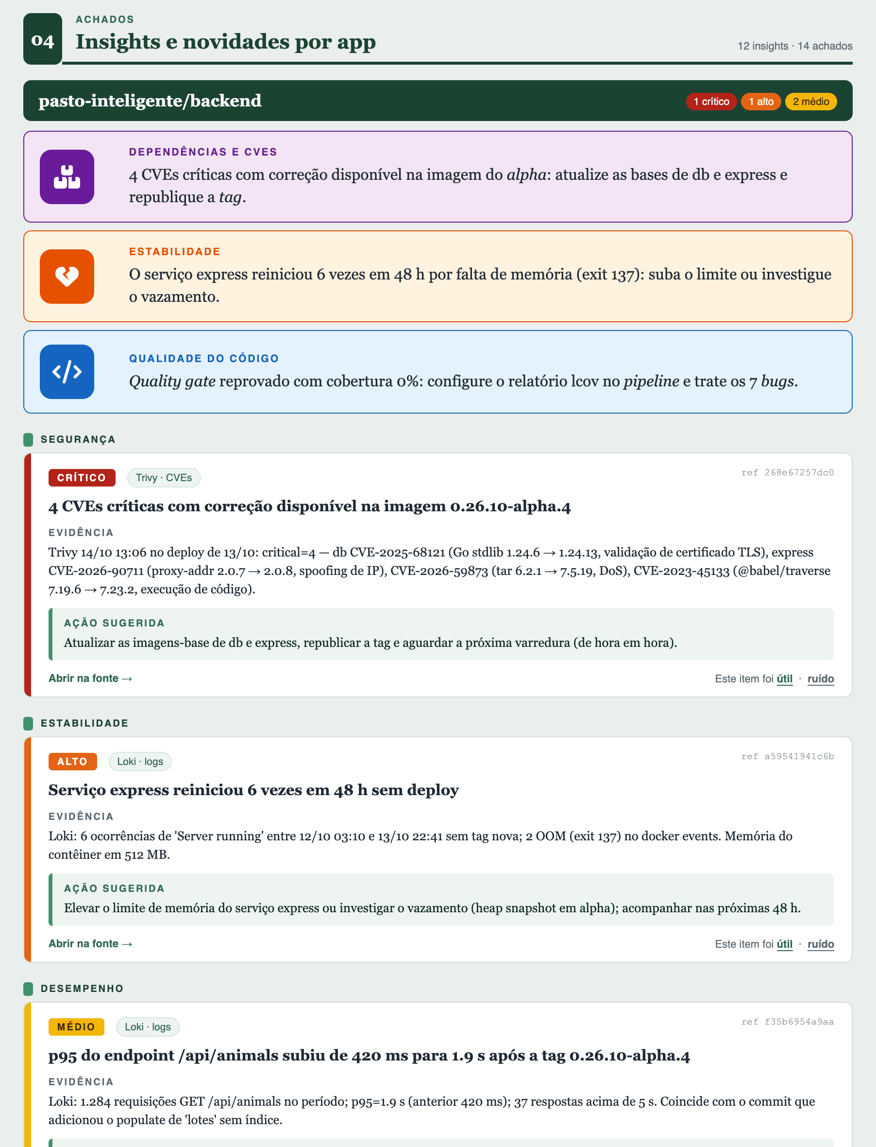 Insights e achados de uma app no relatório